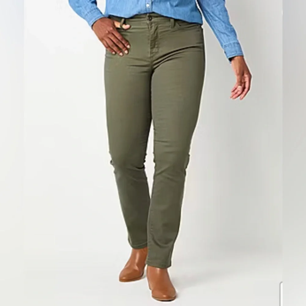 St John’s Bay Mid Rise Secretly Slender Straight Leg 10S Oregano Olive Green - Picture 4 of 4